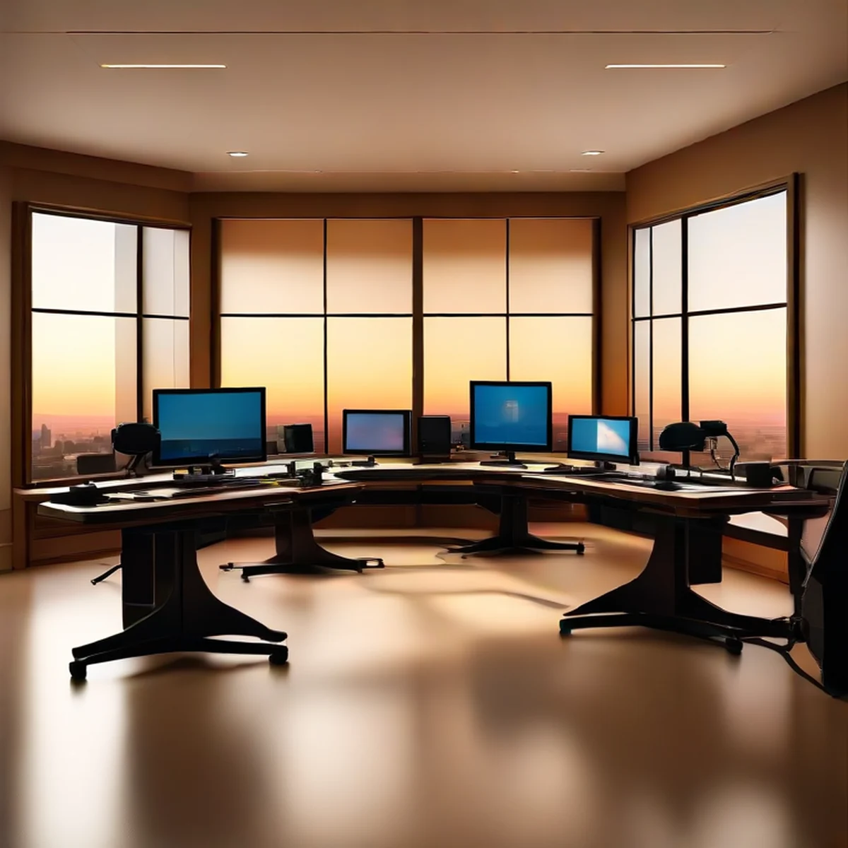 A spacious professional YouTube creator studio during sunset