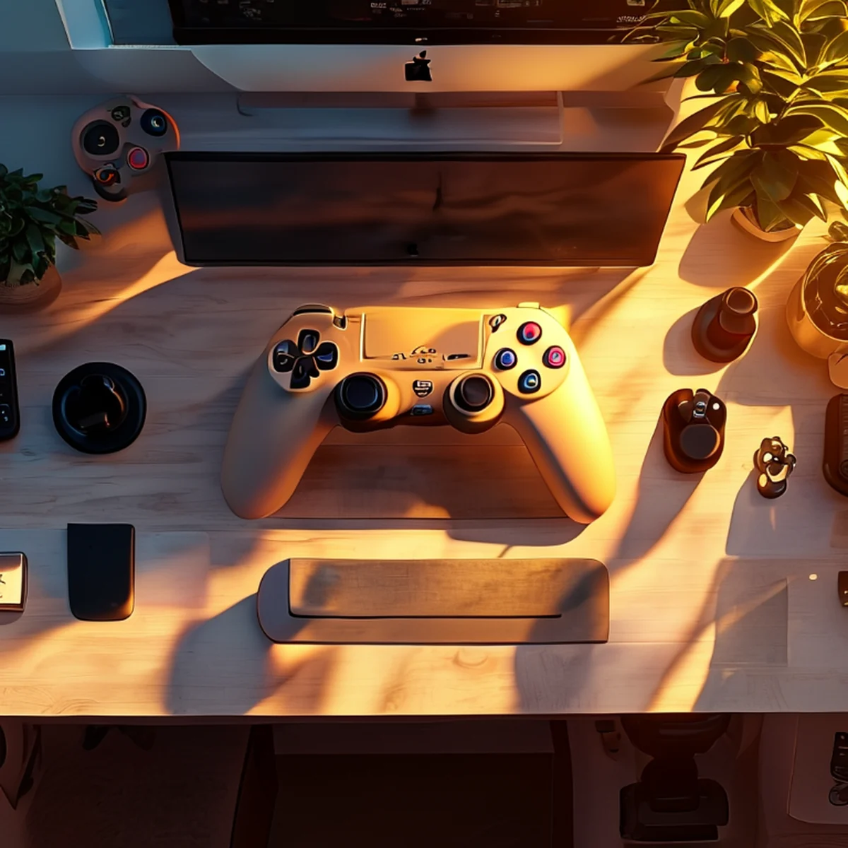 Configuración de equipo de gaming profesional con mando y monitor