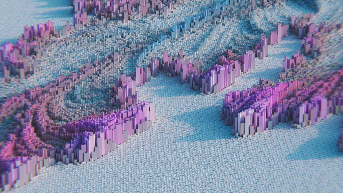 Een digitale wereld geïnspireerd door blokken en Minecraft-stijl landschappen.