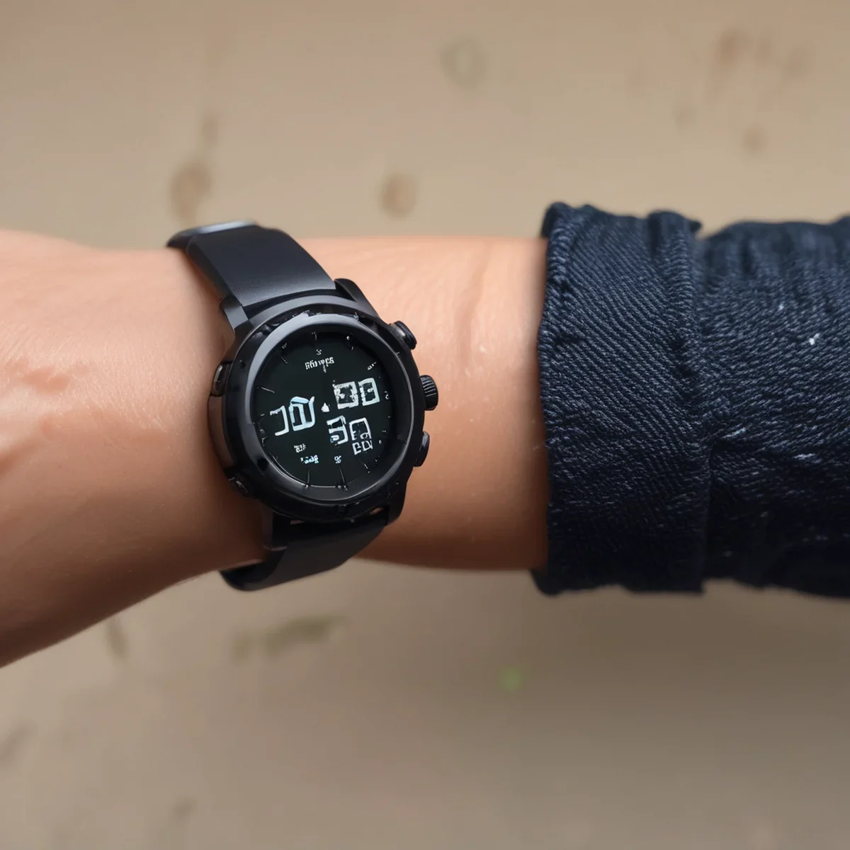 Eine moderne Smartwatch mit schwarzem Armband an einem menschlichen Handgelenk