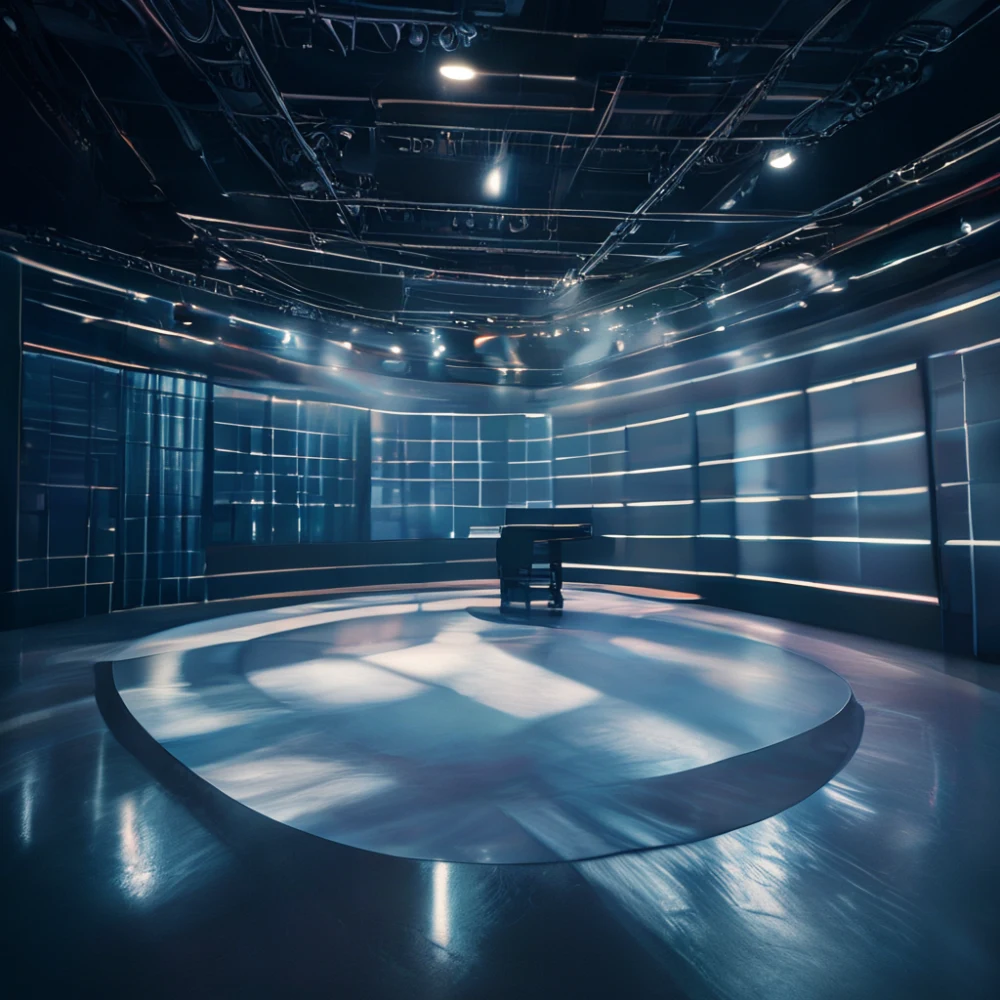 Political debate broadcast studio with news anchors and cameras