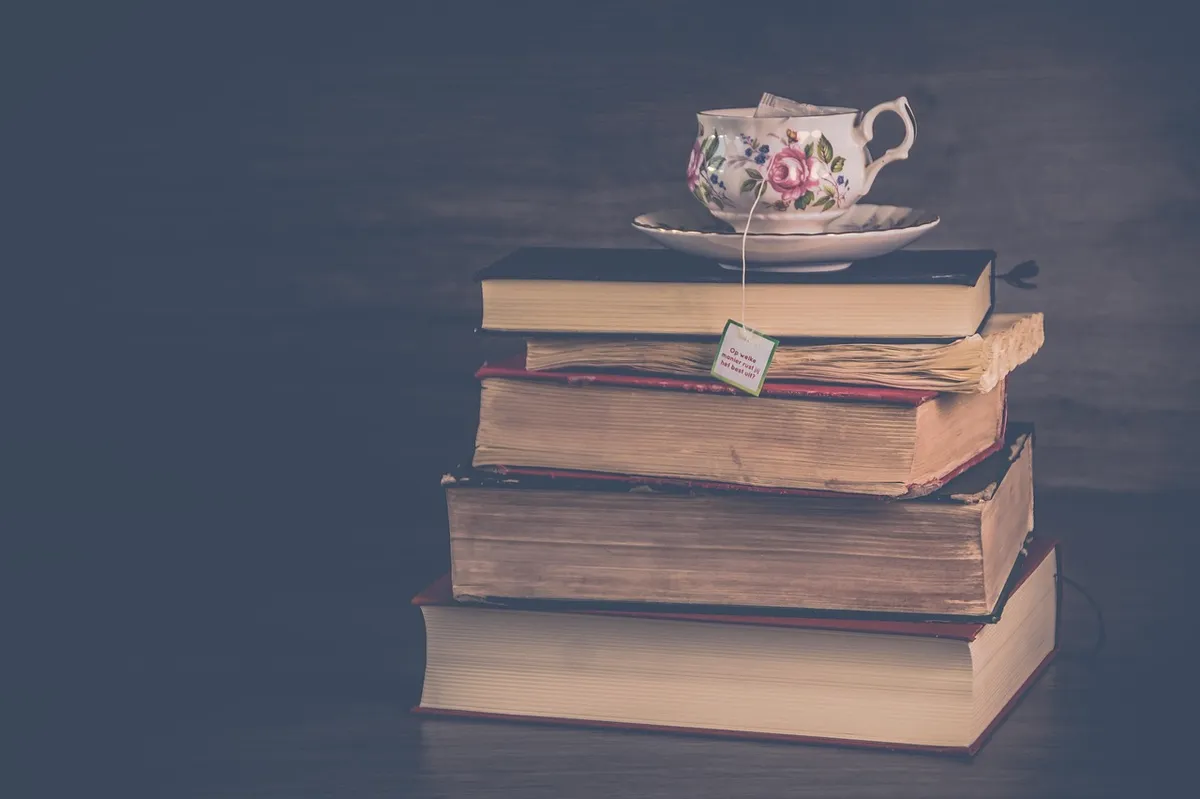 literature, library, knowledge, education, vintage, old, books, stack of books, tea, tea cup, tea bag, wisdom, blue book, blue books, blue education, blue libra