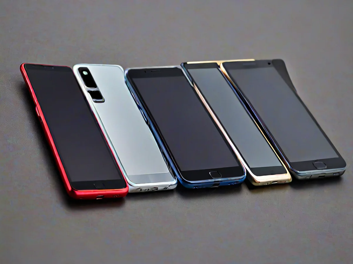 Mehrere verschiedene Smartphones, die ordentlich in einer Reihe auf einer Fläche liegen