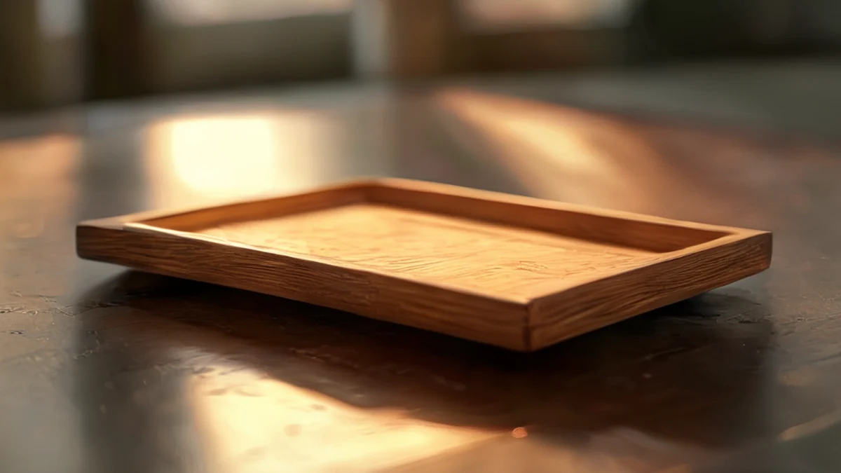 Holzschale, auf metallischer Tisch, warmes Licht, flache Schärfe, hochdetaillierte, realistische Aufnahme