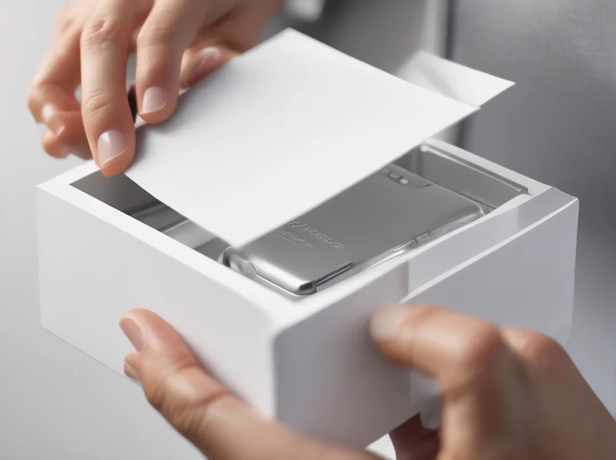 Due mani sollevano il coperchio di una scatola in cartone bianco per rivelare un nuovo smartphone argento.
