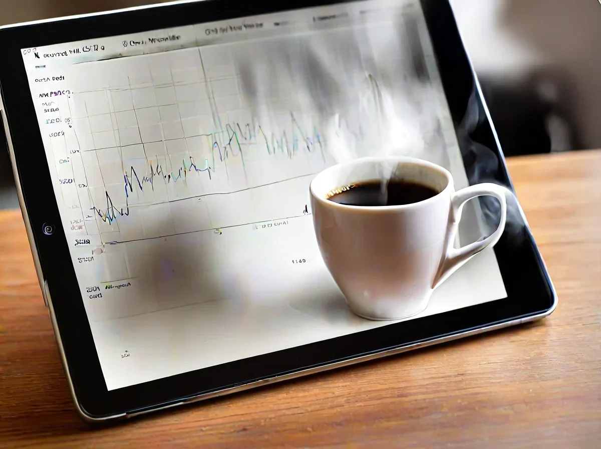 Un tablet digitale su una scrivania accanto a una tazza di caffè