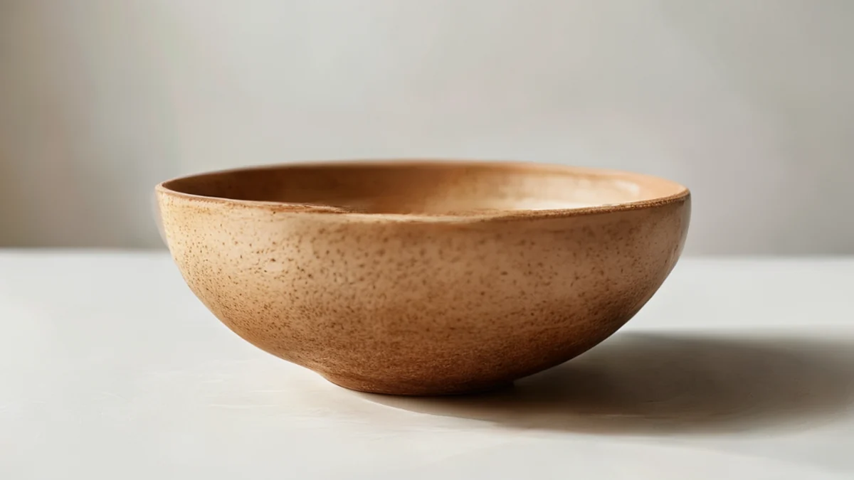 Un recipiente di coltivazione ovale e profondo, marrone chiaro con una texture aspra e terrosa, su una mensola di ceramica semplice, sotto una cabina di luce studio pulita, profondità di campo poco profonda, fotorealistico, focus netto, dettagli elevati