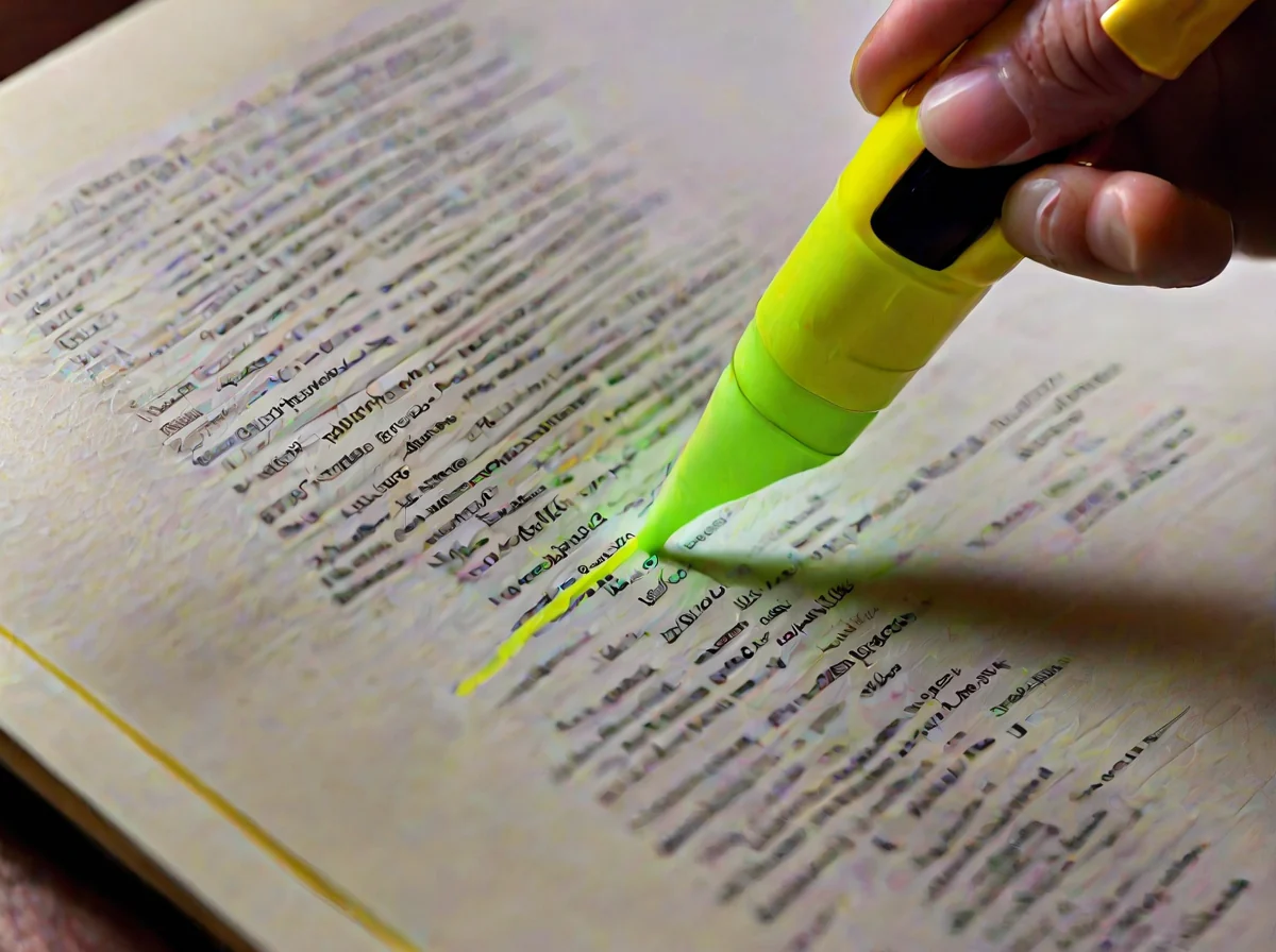 Een gele markeerstift die specifieke woorden in een opengeslagen boek markeert
