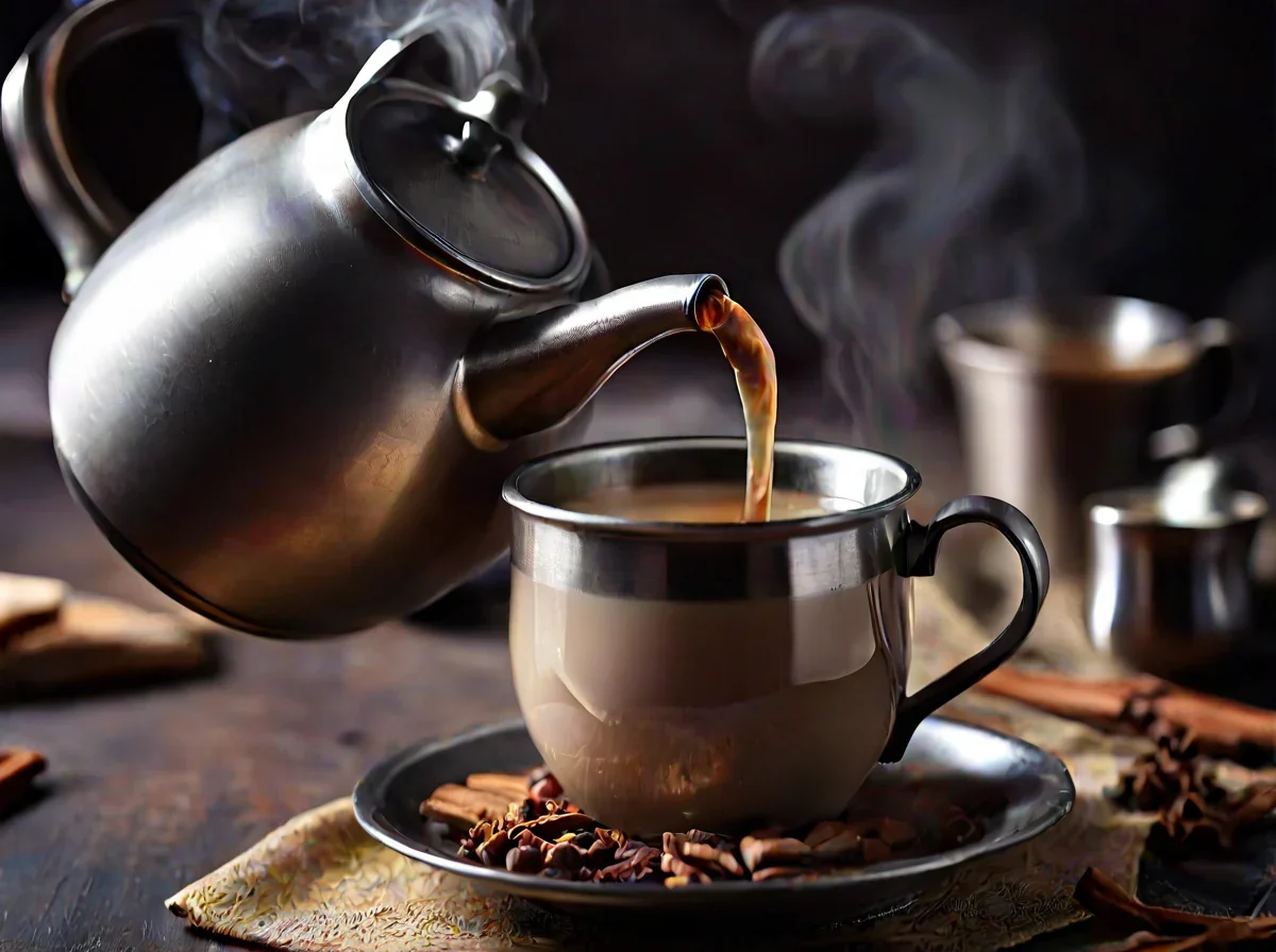Het hete masala-thon wordt uit een metaalpot gegooid in een glas, met stoom opwaarts.